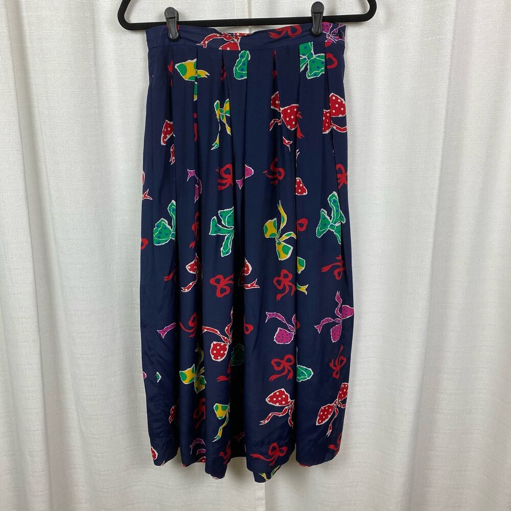Susan Bristol Vintage Two Piece Blue&Multi Bow Print Blouse&Skirt Sz.8 - Picture 2 of 14